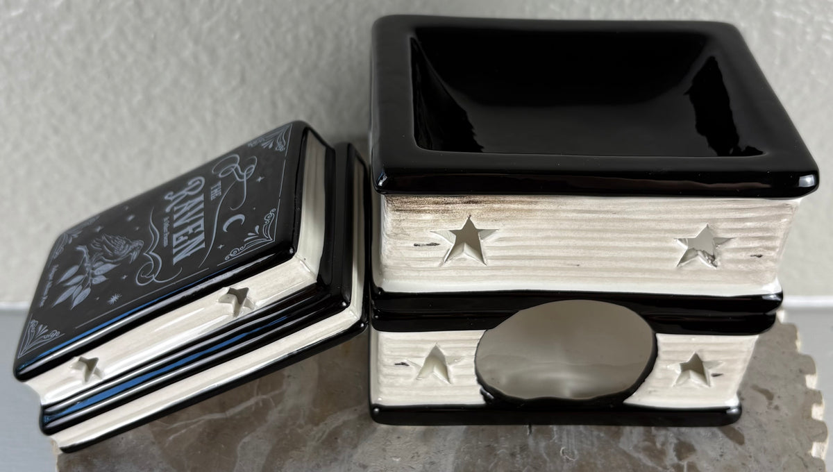 A decorative ceramic wax warmer designed to look like stacked books, with one book lid leaning against the stack. The books are black and white with star cutouts and the words 'The Raven' visible on the lid.
